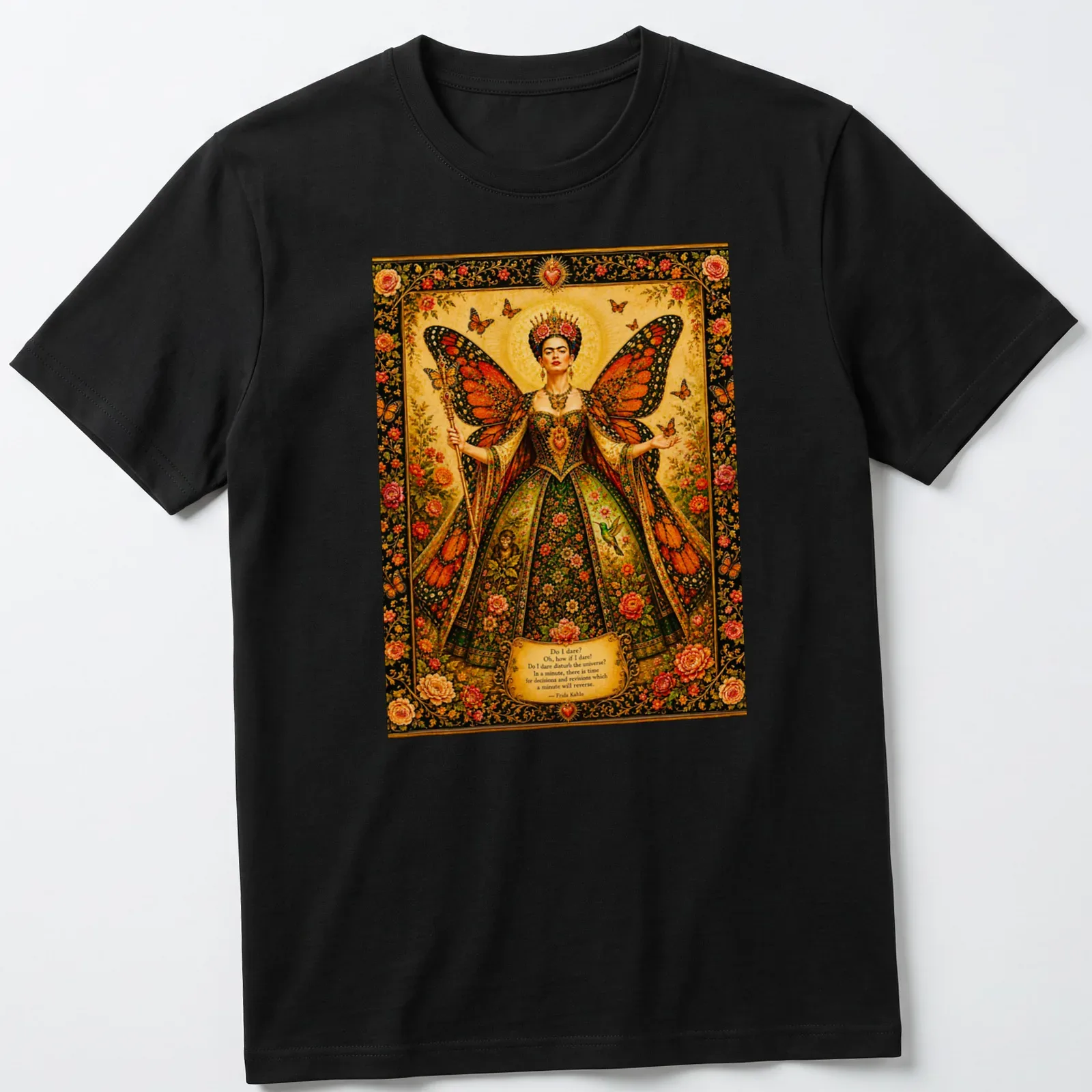 Colorful illustration of Butterfly Queen Frida with butterfly wings and inspirational text. — printed on a unisex t-shirt