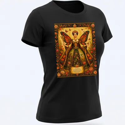 Colorful illustration of Butterfly Queen Frida with butterfly wings and inspirational text. — printed on a women's shirt