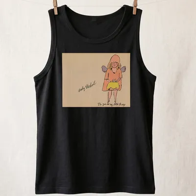 Colorful line-art of a girl with a cat alongside playful text — printed on a tank top