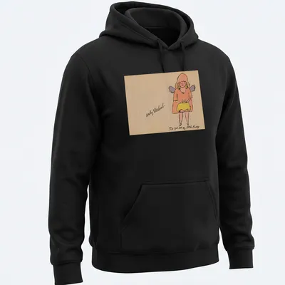 Colorful line-art of a girl with a cat alongside playful text — printed on a unisex hoodie