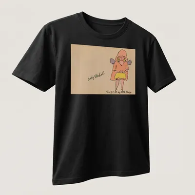 Colorful line-art of a girl with a cat alongside playful text — printed on a unisex t-shirt (angled view)
