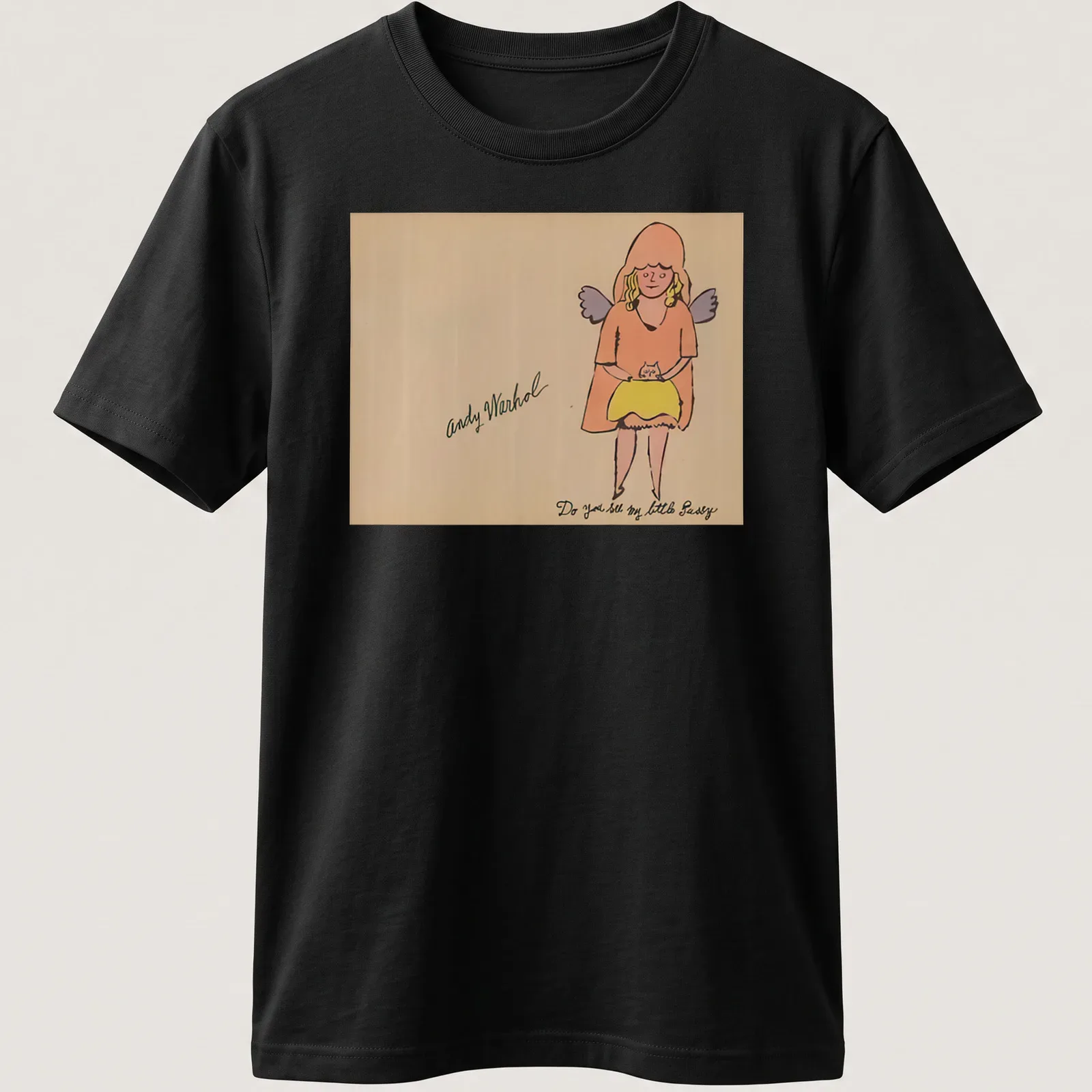 Colorful line-art of a girl with a cat alongside playful text — printed on a unisex t-shirt