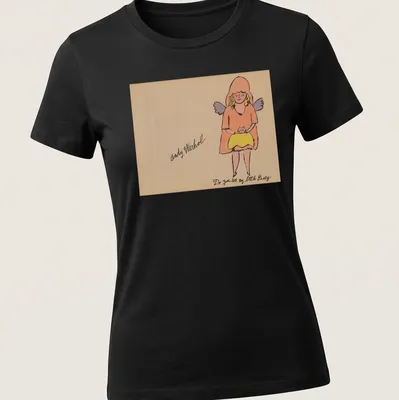 Colorful line-art of a girl with a cat alongside playful text — printed on a women's shirt