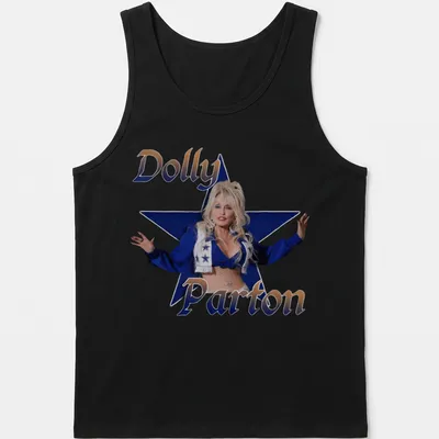 Glossy t-shirt with a portrait of Dolly Parton surrounded by stars in blue and gold — printed on a tank top