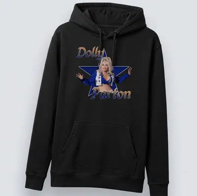 Glossy t-shirt with a portrait of Dolly Parton surrounded by stars in blue and gold — printed on a unisex hoodie