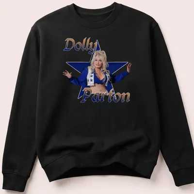 Glossy t-shirt with a portrait of Dolly Parton surrounded by stars in blue and gold — printed on a unisex sweatshirt