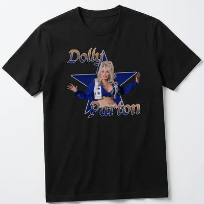 Glossy t-shirt with a portrait of Dolly Parton surrounded by stars in blue and gold
