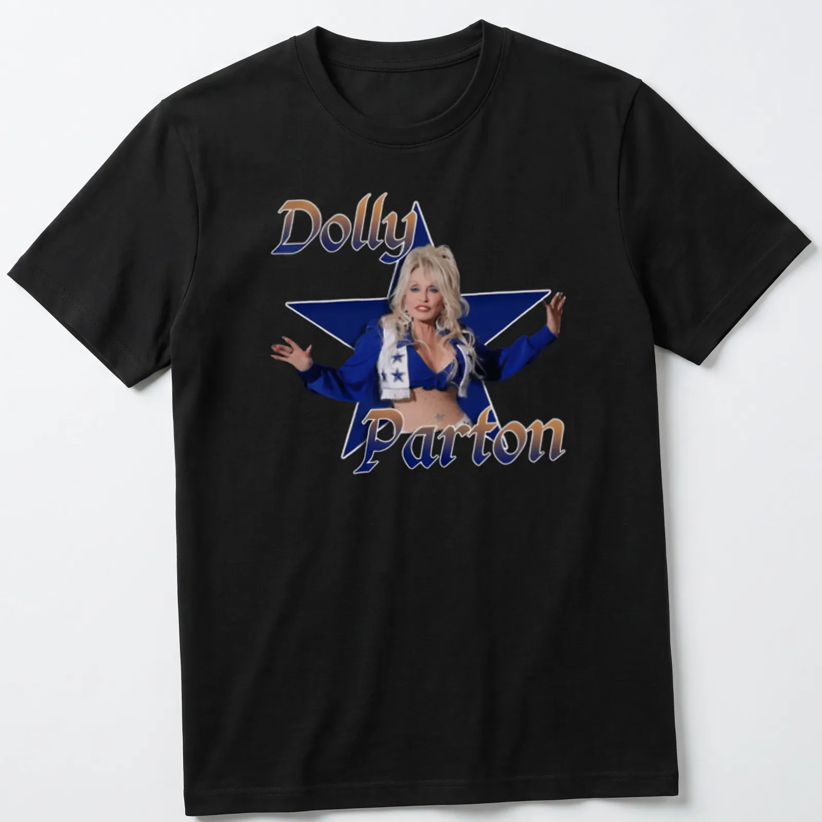 Glossy t-shirt with a portrait of Dolly Parton surrounded by stars in blue and gold — printed on a unisex t-shirt