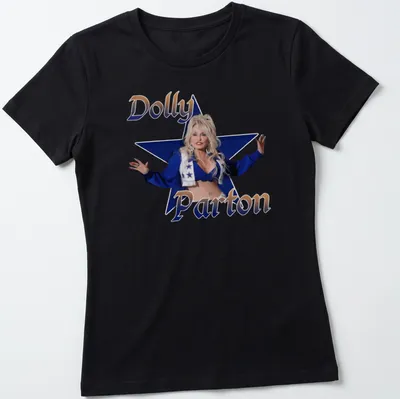 Glossy t-shirt with a portrait of Dolly Parton surrounded by stars in blue and gold — printed on a women's shirt