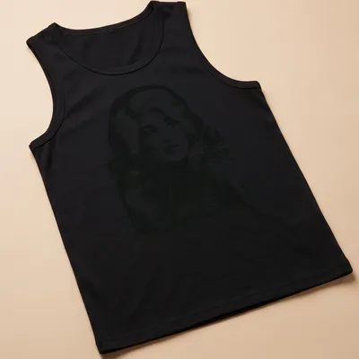 Vintage pencil drawing of Dolly Parton in black and white — printed on a tank top