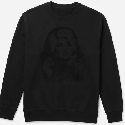 Vintage pencil drawing of Dolly Parton in black and white — printed on a unisex sweatshirt