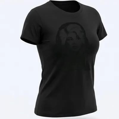 Vintage pencil drawing of Dolly Parton in black and white — printed on a women's shirt