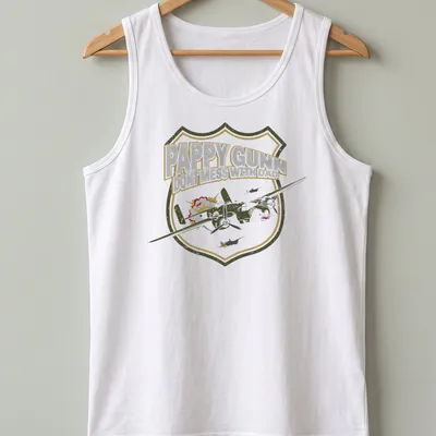 Vintage military badge shirt with airplane and text about Dad — printed on a tank top