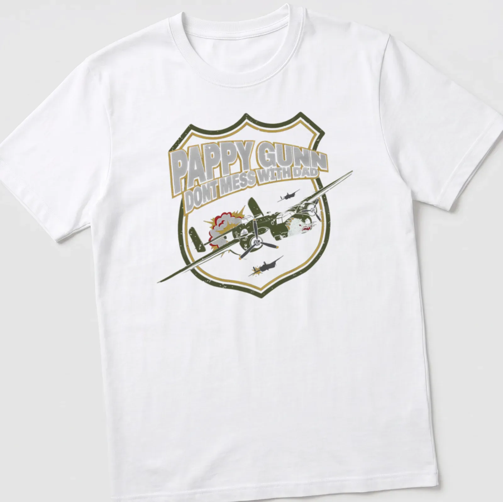 Vintage military badge shirt with airplane and text about Dad — printed on a unisex t-shirt