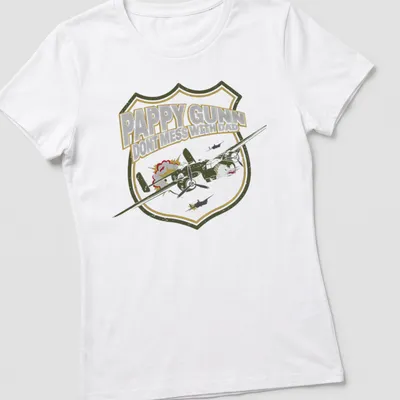Vintage military badge shirt with airplane and text about Dad — printed on a women's shirt