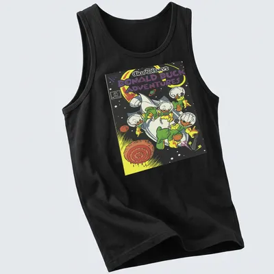 Comic book illustration of Donald Duck and friends in outer space — printed on a tank top