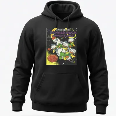 Comic book illustration of Donald Duck and friends in outer space — printed on a unisex hoodie