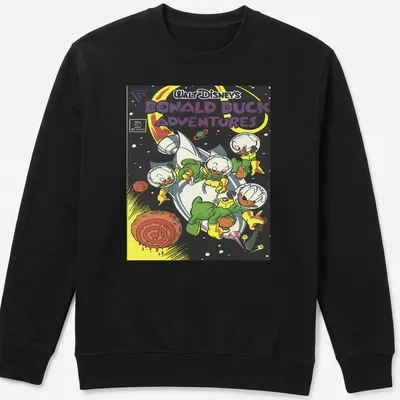 Comic book illustration of Donald Duck and friends in outer space — printed on a unisex sweatshirt