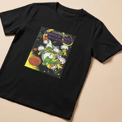 Comic book illustration of Donald Duck and friends in outer space — printed on a unisex t-shirt