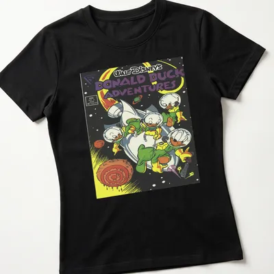 Comic book illustration of Donald Duck and friends in outer space — printed on a women's shirt