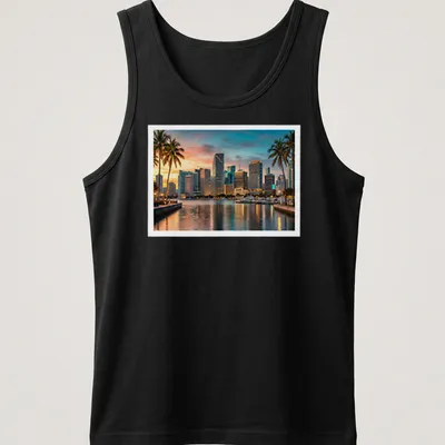 Photographic print of Downtown Miami skyline with palm trees — printed on a tank top