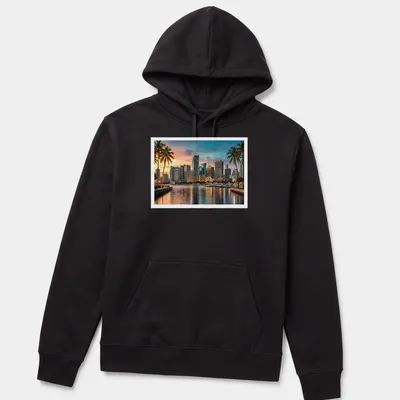 Photographic print of Downtown Miami skyline with palm trees — printed on a unisex hoodie