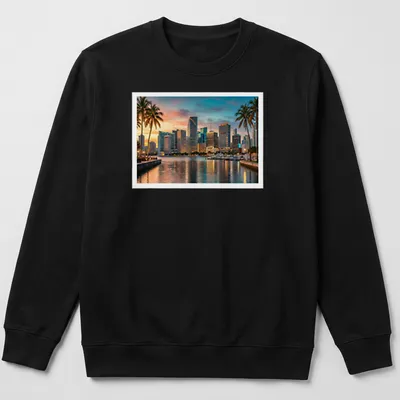 Photographic print of Downtown Miami skyline with palm trees — printed on a unisex sweatshirt