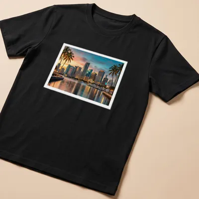 Photographic print of Downtown Miami skyline with palm trees — printed on a unisex t-shirt