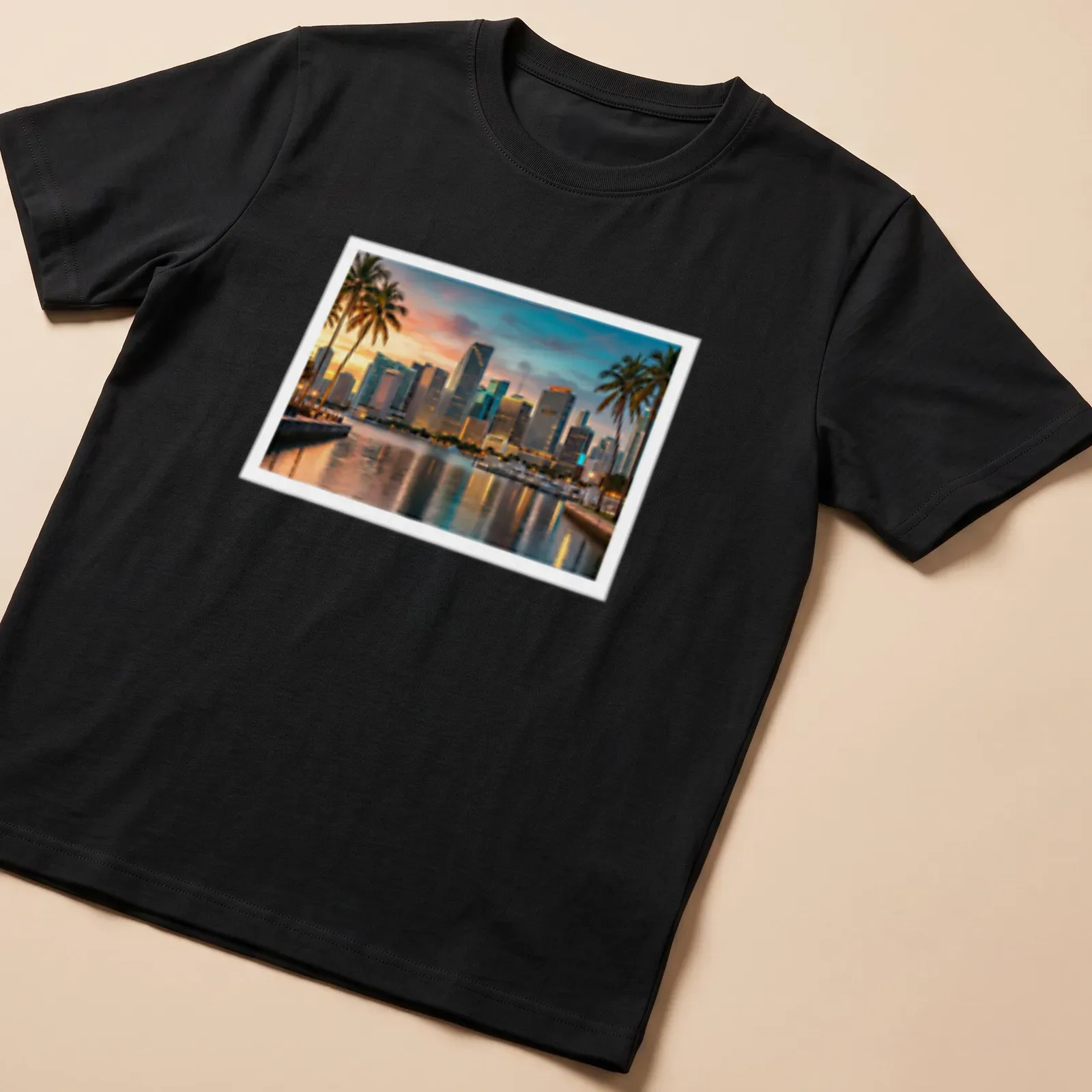 Photographic print of Downtown Miami skyline with palm trees — printed on a unisex t-shirt