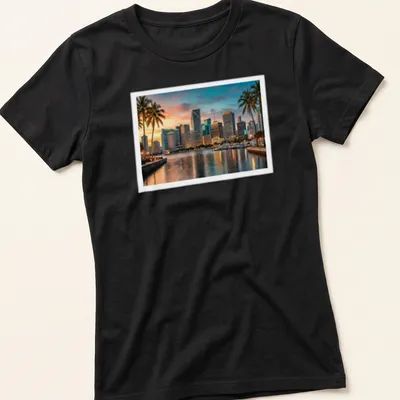 Photographic print of Downtown Miami skyline with palm trees — printed on a women's shirt