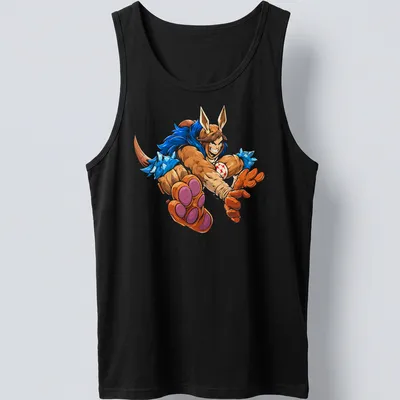 Cartoon character Dungeon Crawler Carl in dynamic action design with vibrant colors — printed on a tank top