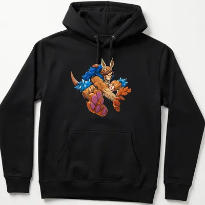 Cartoon character Dungeon Crawler Carl in dynamic action design with vibrant colors — printed on a unisex hoodie