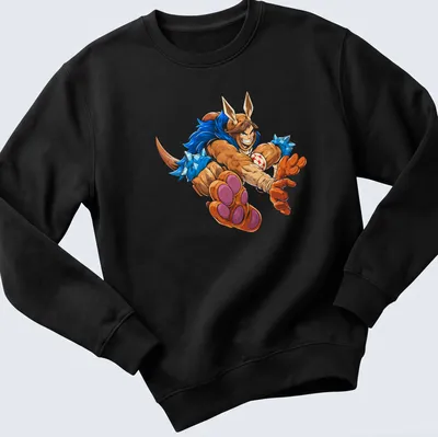 Cartoon character Dungeon Crawler Carl in dynamic action design with vibrant colors — printed on a unisex sweatshirt