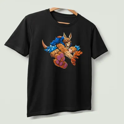 Cartoon character Dungeon Crawler Carl in dynamic action design with vibrant colors — printed on a unisex t-shirt (angled view)