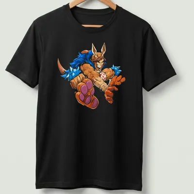 Cartoon character Dungeon Crawler Carl in dynamic action design with vibrant colors — printed on a unisex t-shirt