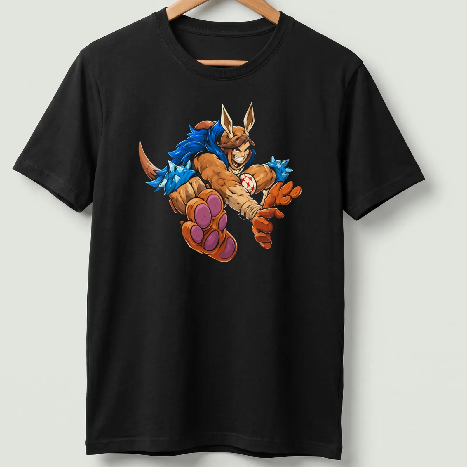 Cartoon character Dungeon Crawler Carl in dynamic action design with vibrant colors — printed on a unisex t-shirt