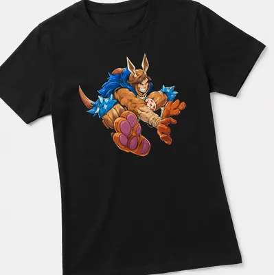 Cartoon character Dungeon Crawler Carl in dynamic action design with vibrant colors — printed on a women's shirt