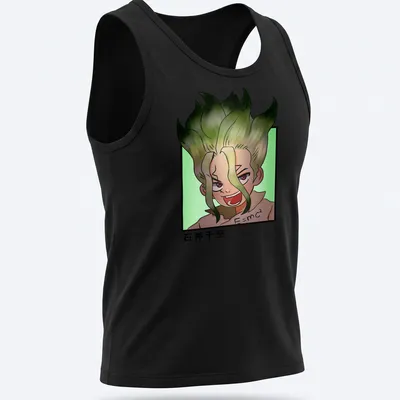 Anime-style Doodle Lab Boy with E=mc² text in green, black, beige, and pink — printed on a tank top