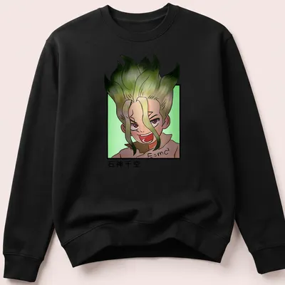 Anime-style Doodle Lab Boy with E=mc² text in green, black, beige, and pink — printed on a unisex sweatshirt