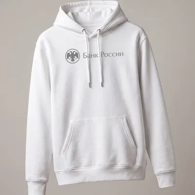 Minimalist eagle emblem with the text Банк России in gray and white — printed on a unisex hoodie