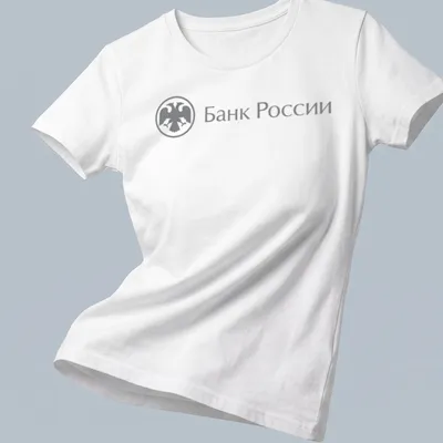 Minimalist eagle emblem with the text Банк России in gray and white — printed on a women's shirt