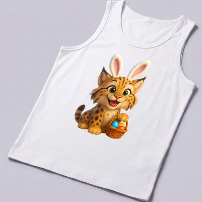 Cartoon bobcat surrounded by colorful Easter eggs in a basket — printed on a tank top