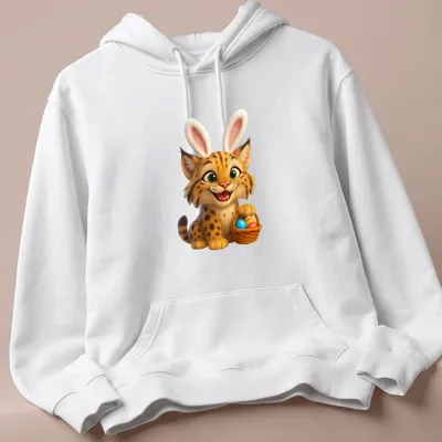 Cartoon bobcat surrounded by colorful Easter eggs in a basket — printed on a unisex hoodie