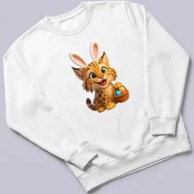 Cartoon bobcat surrounded by colorful Easter eggs in a basket — printed on a unisex sweatshirt