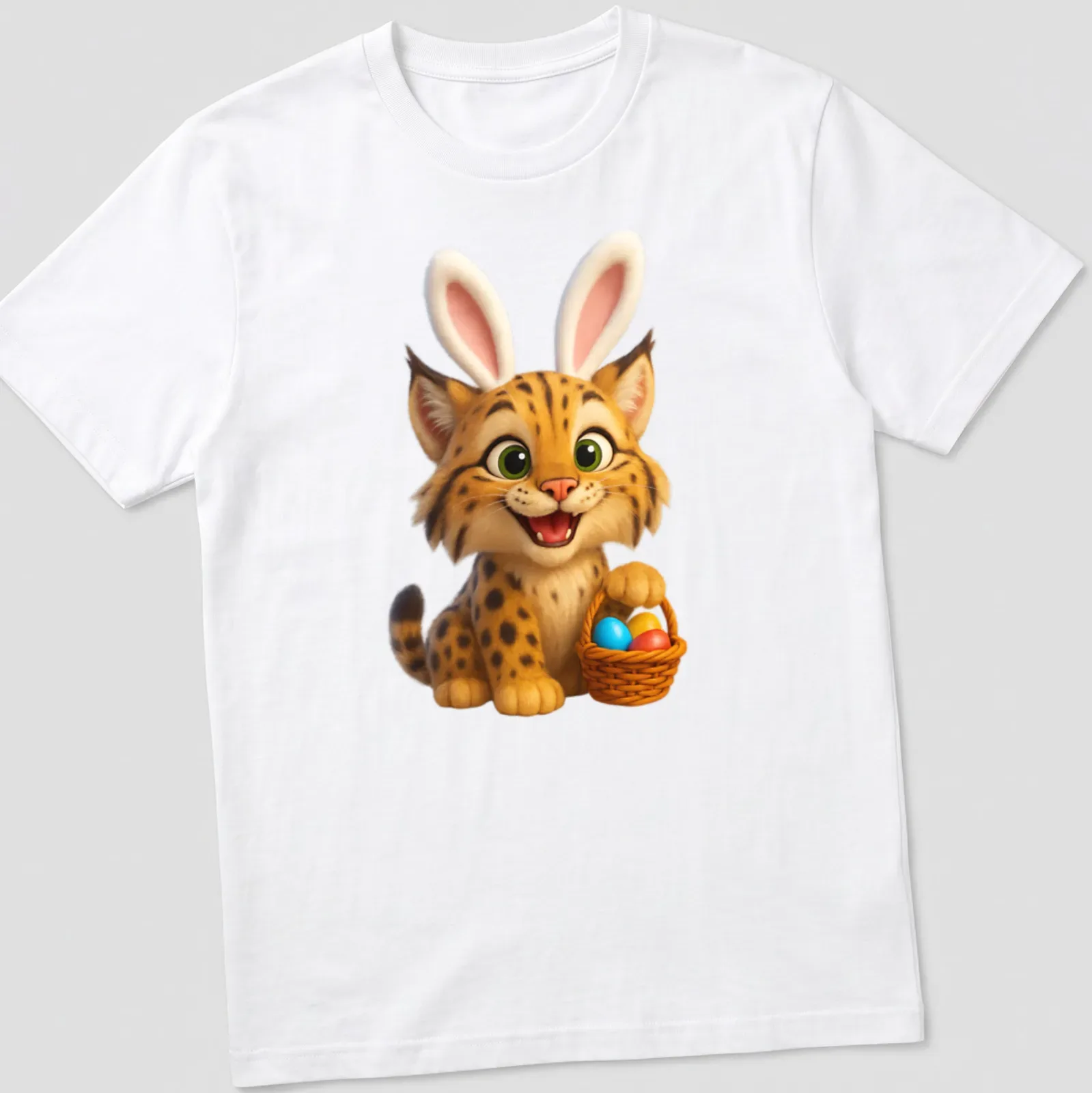 Cartoon bobcat surrounded by colorful Easter eggs in a basket — printed on a unisex t-shirt