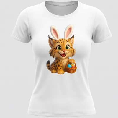 Cartoon bobcat surrounded by colorful Easter eggs in a basket — printed on a women's shirt