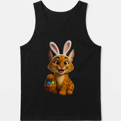 Cartoon Caracal in bunny ears surrounded by colorful Easter eggs — printed on a tank top