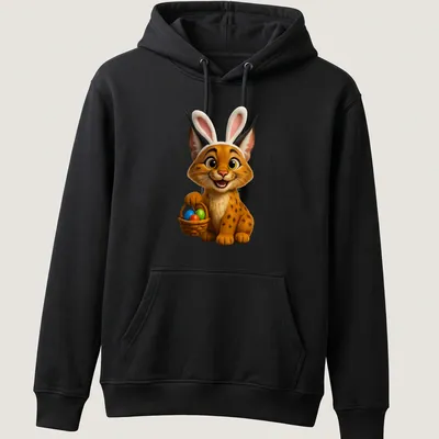 Cartoon Caracal in bunny ears surrounded by colorful Easter eggs — printed on a unisex hoodie