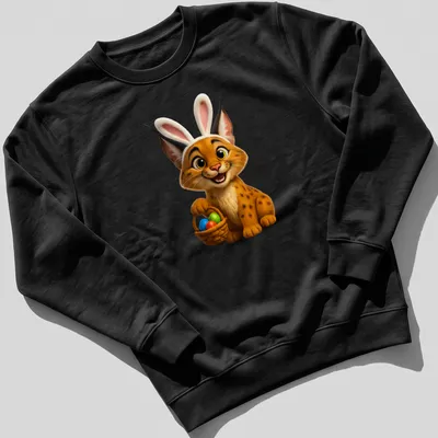 Cartoon Caracal in bunny ears surrounded by colorful Easter eggs — printed on a unisex sweatshirt