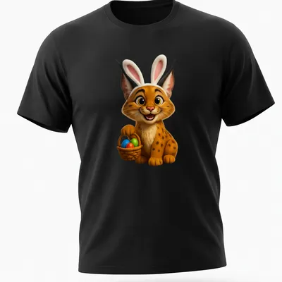 Cartoon Caracal in bunny ears surrounded by colorful Easter eggs
